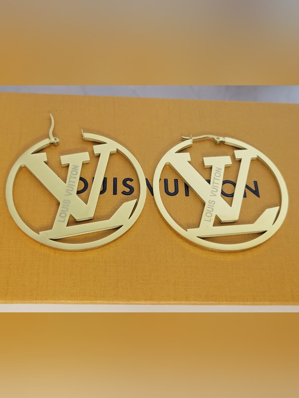 2"  Large Gold LV Cutout Circle Drop Earrings